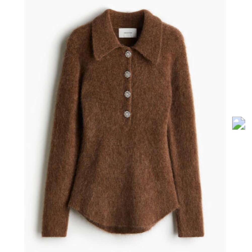 Mohair Blend Sweater with Collar and Rhinestone Buttons